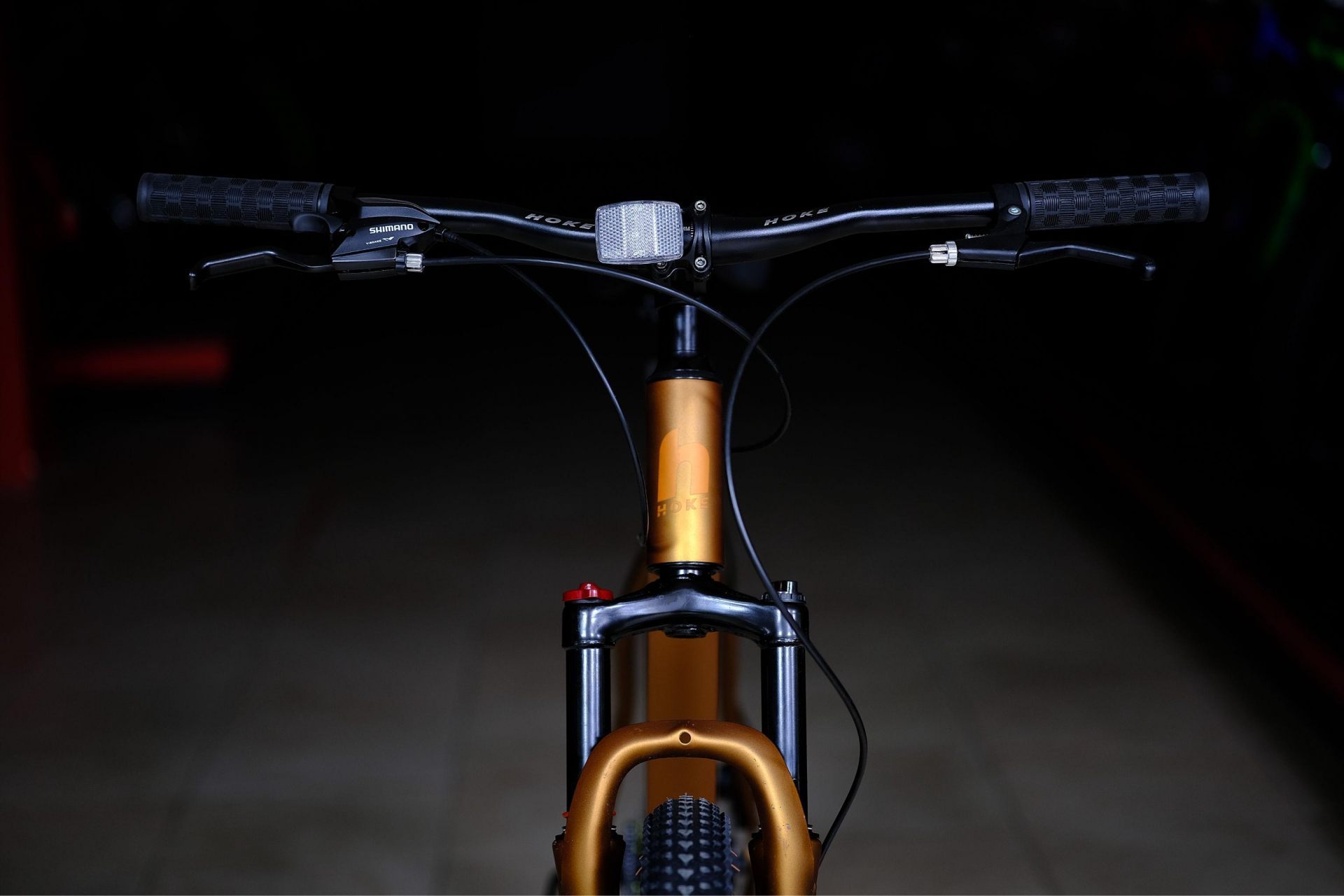 Вилка амортизационная пружинная 100 mm с функцией регулировки и блокировки хода (механическая блокировка)
 HOKE ONE WAY 29 матовый коричневый-золотой 21